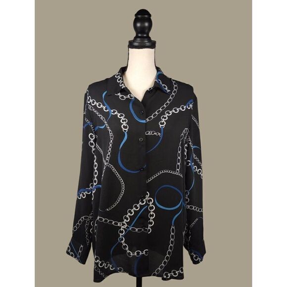 Chelsea & Theodore Black Long-sleeve Chain Print Button Front Blouse Size Large - Picture 1 of 9